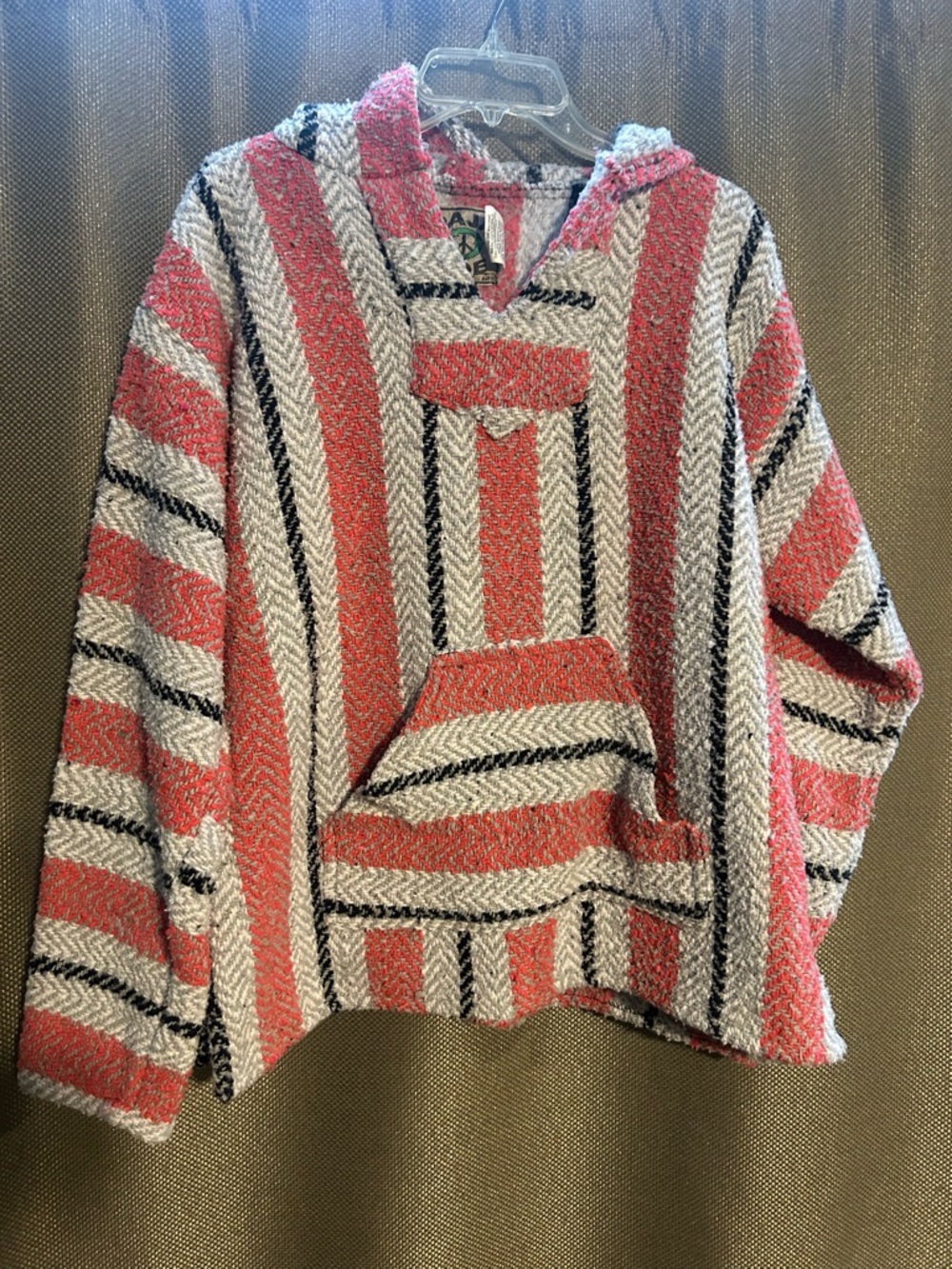 Striped Cowl-Neck Baja Pullover Hoodie - Coral, Cream & Black